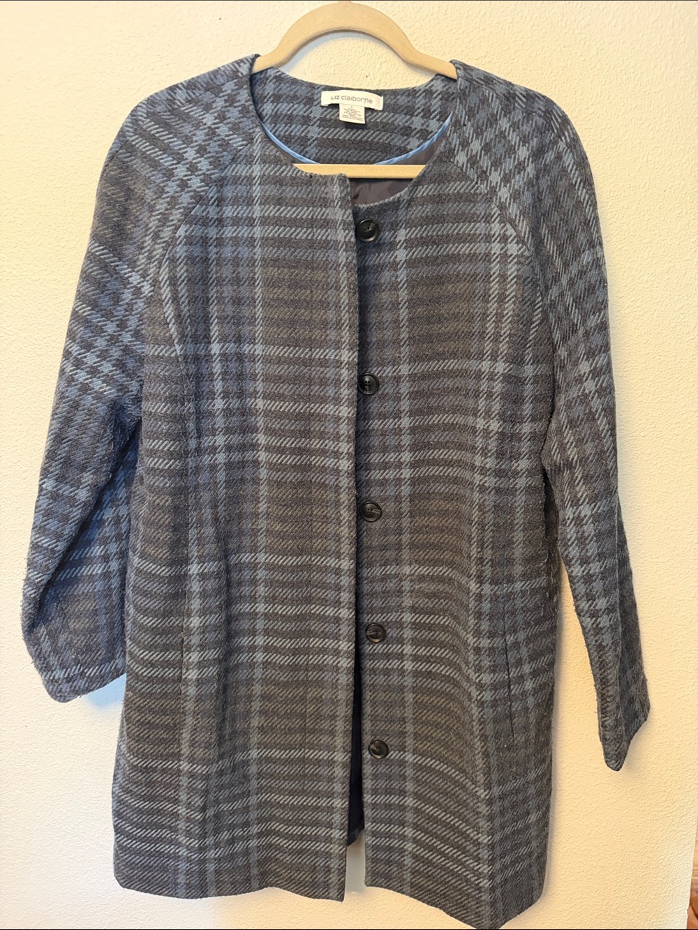 Lafayette 148 New York Gray & Blue Plaid Collarless Coat
